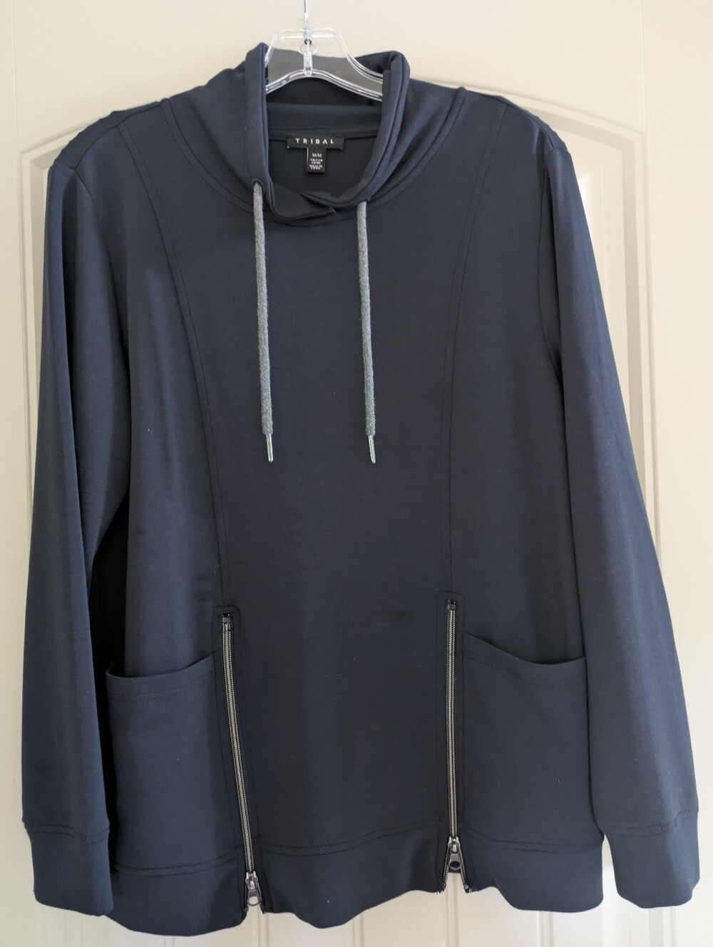 Tribal Women's Navy Hooded Pullover with Dual Zip Accents